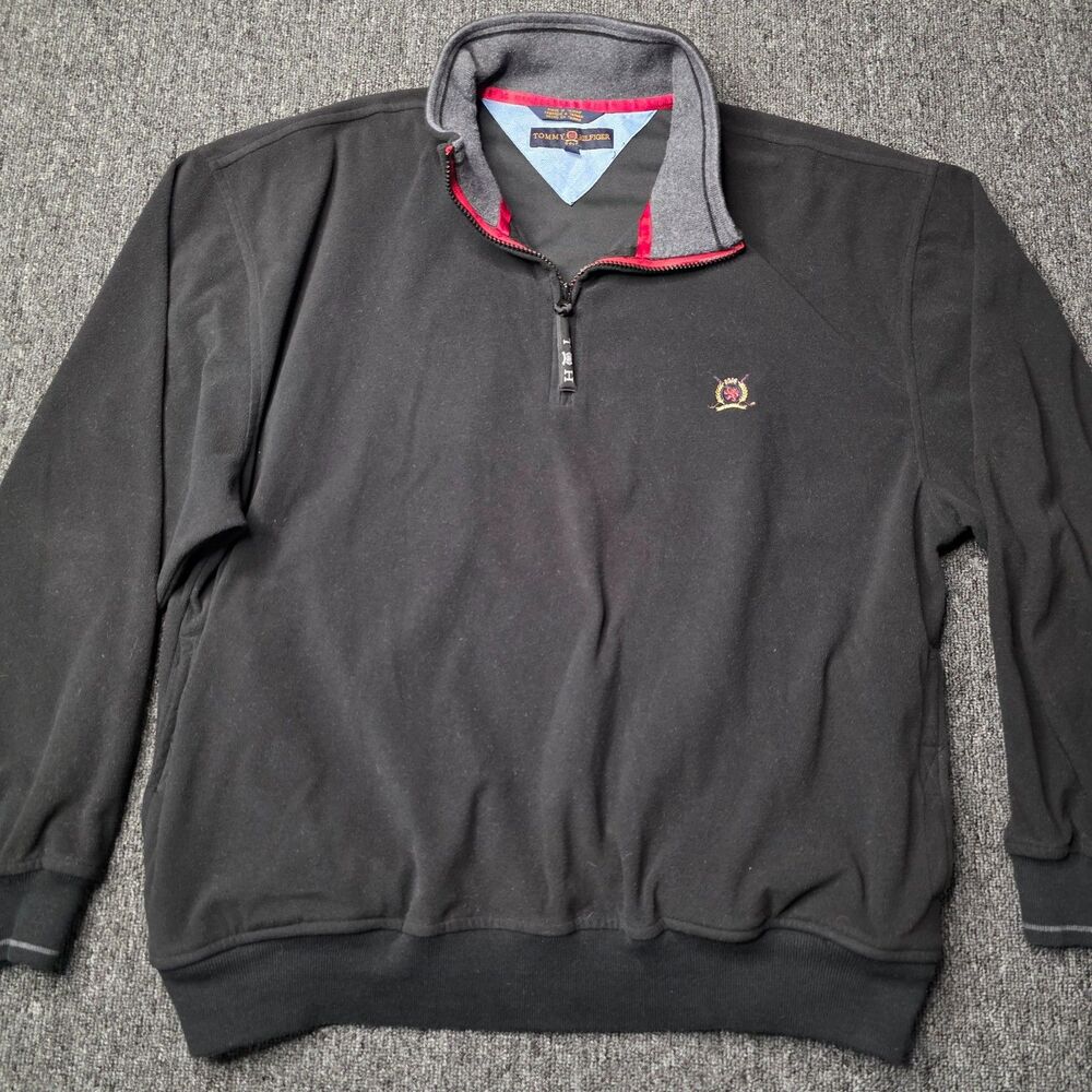 Tommy Hilfiger Golf Vintage Men’s L Black 1/4 Zip Cotton Sweater Crest Logo Y2K
